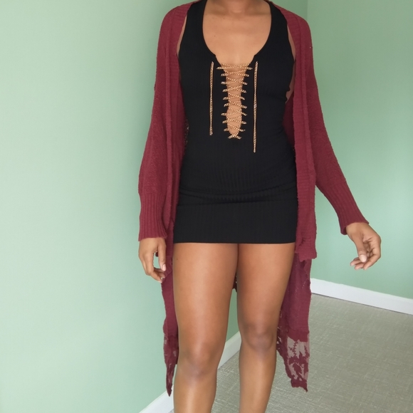 1804 coin women's hi-lo burgundy lace sweater - Picture 7 of 15